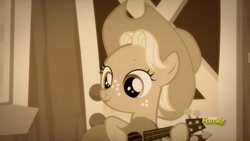 Size: 1920x1080 | Tagged: safe, imported from derpibooru, screencap, applejack, pony, sparkle's seven, apple chord, female, filly, filly applejack, guitar, monochrome, sepia, solo, younger