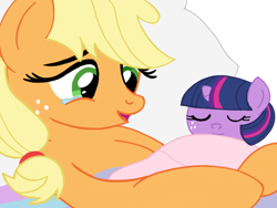 Size: 1024x768 | Tagged: safe, artist:turnaboutart, imported from derpibooru, applejack, twilight sparkle, earth pony, pony, unicorn, fanfic:mama applejack, age regression, alternate universe, baby, baby pony, base used, bed, crying, female, foal, freckles, hairband, holding a pony, hospital bed, mother and daughter, newborn, sleeping, tears of joy