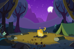 Size: 931x619 | Tagged: safe, artist:moonlight-the-pony, imported from derpibooru, background, campfire, forest, moon, night, no pony, tent, tree