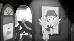 Size: 1920x1080 | Tagged: safe, imported from derpibooru, screencap, rainbow dash, rarity, pegasus, pony, unicorn, season 9, sparkle's seven, spoiler:s09, black and white, bowler hat, detective rarity, grayscale, hat, investigator dash, monochrome