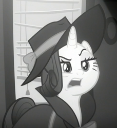 Size: 488x535 | Tagged: safe, imported from derpibooru, screencap, rarity, pony, unicorn, sparkle's seven, black and white, clothes, cropped, detective rarity, dramatic, female, grayscale, lidded eyes, mare, monochrome, open mouth, raised eyebrow, solo