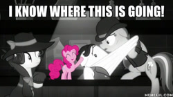 Size: 600x337 | Tagged: safe, edit, edited screencap, imported from derpibooru, screencap, pinkie pie, rainbow dash, rarity, pony, sparkle's seven, bartender, detective rarity, impact font, investigator dash, juice jackie, memeful.com, unnamed character, unnamed pony