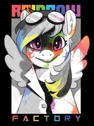 Size: 1024x1365 | Tagged: safe, artist:angstfish, deleted from derpibooru, imported from derpibooru, rainbow dash, pegasus, pony, fanfic:rainbow factory, bust, clothes, female, goggles, lab coat, necktie, pegasus device, rainbow factory dash, spectra, wings