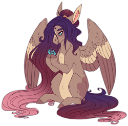 Size: 2788x2746 | Tagged: safe, artist:sleepy-nova, imported from derpibooru, oc, oc only, pegasus, pony, colored hooves, ear piercing, earring, female, flower, gradient, gradient mane, hooves, jewelry, long hair, long mane, long tail, looking down, magical lesbian spawn, mare, markings, offspring, parent:fluttershy, parent:princess luna, parents:lunashy, piercing, plants, ponytail, simple background, sitting up, smiling, solo, splotches, transparent background, two toned wings