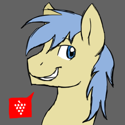 Size: 1080x1080 | Tagged: safe, artist:thundershock0823, imported from derpibooru, goldengrape, sir colton vines iii, pony, bust, grape, gray background, male, pictogram, portrait, profile, simple background, smiling, solo, speech bubble