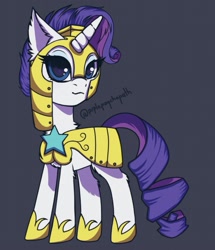 Size: 1549x1803 | Tagged: safe, artist:prplepsychopath, imported from derpibooru, rarity, pony, unicorn, sparkle's seven, :3, armor, armorarity, chest fluff, colored pupils, cute, dark background, ear fluff, female, fluffy, gray background, hoof shoes, leg fluff, lidded eyes, looking at you, mare, neck fluff, raribetes, royal guard rarity, simple background, smiling, solo