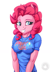 Size: 955x1351 | Tagged: safe, artist:mysticalpha, imported from derpibooru, pinkie pie, anthro, earth pony, breasts, busty pinkie pie, clothes, female, mare, shirt, smiling, solo, t-shirt