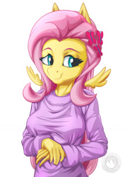 Size: 955x1351 | Tagged: safe, artist:mysticalpha, imported from derpibooru, fluttershy, anthro, pegasus, beautiful, breasts, busty fluttershy, clothes, female, mare, smiling, solo, sweater