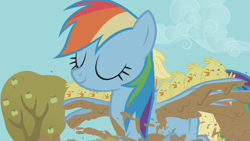 Size: 1280x720 | Tagged: safe, imported from derpibooru, screencap, applejack, rainbow dash, bird, chicken, pegasus, pony, fall weather friends, cute, dashabetes, eyes closed, female, mare, solo