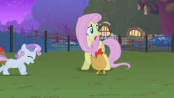 Size: 1280x720 | Tagged: safe, imported from derpibooru, screencap, fluttershy, sweetie belle, bird, chicken, pony, stare master