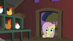 Size: 1280x720 | Tagged: safe, imported from derpibooru, screencap, fluttershy, bird, chicken, pegasus, pony, season 1, stare master, :o, chicken coop, female, fluttershy's cottage, mare, night, open mouth