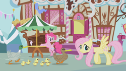 Size: 1280x720 | Tagged: safe, imported from derpibooru, screencap, fluttershy, pinkie pie, duck, pony, griffon the brush off