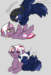 Size: 1944x2844 | Tagged: safe, artist:jolliapplegirl, imported from derpibooru, oc, oc only, oc:desert moon, oc:hazy sky, alicorn, pony, sphinx, unicorn, adopted offspring, alicorn oc, behaving like a cat, colt, curved horn, female, filly, foal, horn, interspecies offspring, male, next generation, offspring, parent:oc:asra, parent:princess luna, parent:unnamed oc, parents:canon x oc, ponyloaf, pounce, purring, scratch mark, scratches, sphinx oc