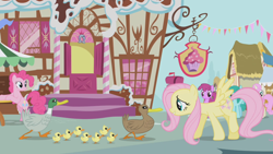 Size: 1280x720 | Tagged: safe, imported from derpibooru, screencap, berry punch, berryshine, fluttershy, pinkie pie, spring melody, sprinkle medley, twinkleshine, duck, mallard, pony, griffon the brush off, bonus ducks, duckling, sugarcube corner