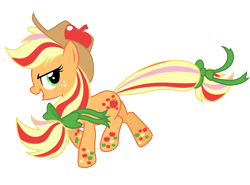 Size: 2700x2000 | Tagged: safe, artist:ashidaru, imported from derpibooru, applejack, earth pony, pony, twilight's kingdom, applejack's hat, bow, cowboy hat, female, hair bow, hat, mare, open mouth, rainbow power, simple background, smiling, solo, tail bow, transparent background, vector