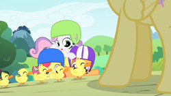 Size: 1280x720 | Tagged: safe, imported from derpibooru, screencap, apple bloom, fluttershy, scootaloo, sweetie belle, duck, pony, the cutie mark chronicles, cutie mark crusaders