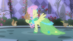 Size: 1280x720 | Tagged: safe, imported from derpibooru, screencap, fluttershy, duck, pony, squirrel, the best night ever, clothes, dress, gala dress