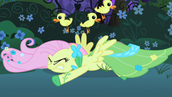 Size: 1280x720 | Tagged: safe, imported from derpibooru, screencap, fluttershy, duck, pony, the best night ever, bonus ducks, clothes, dress, faceplant, gala dress, gritted teeth