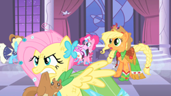 Size: 1280x720 | Tagged: safe, imported from derpibooru, screencap, applejack, fluttershy, pinkie pie, bird, flamingo, pony, squirrel, the best night ever, clothes, dress, gala dress, mouth hold