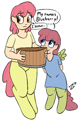 Size: 509x767 | Tagged: safe, artist:heretichesh, imported from derpibooru, oc, oc only, oc:blueberry, oc:passionfruit, earth pony, pegasus, pony, satyr, basket, clothes, dialogue, dress, female, freckles, offspring, parent:oc:peach, simple background, sisters, white background, wings