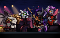 Size: 2900x1868 | Tagged: safe, artist:pridark, imported from derpibooru, oc, oc only, oc:azalea veil, oc:celestial aegis, oc:eclaircie, oc:eclaircie clearing, oc:stormy night, bat pony, pony, badass, band, bass guitar, bat pony oc, bipedal, clothes, commission, concert, drum kit, drums, drumsticks, electric guitar, eyes closed, guitar, hard rock, hoof hold, microphone, musical instrument, open mouth, plaid skirt, rock (music), singing, skirt, spotlight, stage