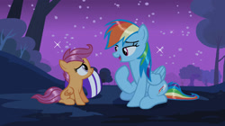 Size: 1357x762 | Tagged: safe, artist:xrainbowicecreamx, imported from derpibooru, rainbow dash, scootaloo, pegasus, pony, sleepless in ponyville, cute, cutealoo, dashabetes, duo, duo female, female, filly, helmet, lidded eyes, looking at each other, mare, night, remake, siblings, sisters, sitting, sky, smiling, stars