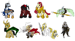 Size: 2244x1230 | Tagged: safe, artist:sawhorse, imported from derpibooru, mjölna, oc, earth pony, human, pegasus, pony, unicorn, armor, braided tail, cape, clothes, colored sketch, female, hammer, helmet, hoof shoes, horned helmet, horns, loki, male, mare, marvel, marvel cinematic universe, mjölnir, mouth hold, prosthetic eye, prosthetics, shield, simple background, sleipnir, spear, spread wings, stallion, surtr, sword, thor, war hammer, weapon, white background, wings