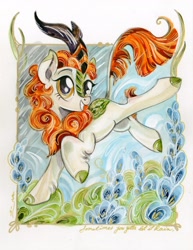 Size: 1580x2047 | Tagged: safe, artist:sararichard, imported from derpibooru, autumn blaze, kirin, sounds of silence, awwtumn blaze, cute, female, flower, foal's breath, looking at you, smiling, solo, traditional art