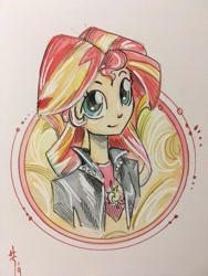 Size: 1536x2048 | Tagged: safe, artist:sararichard, imported from derpibooru, sunset shimmer, equestria girls, clothes, female, jacket, leather jacket, solo, traditional art
