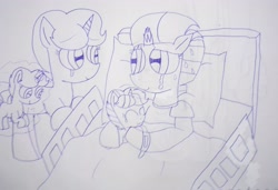 Size: 4210x2878 | Tagged: safe, artist:徐詩珮, imported from derpibooru, fizzlepop berrytwist, spring rain, tempest shadow, oc, oc:spring grezt, oc:storm lightning, pony, unicorn, baby, bed, broken horn, crying, female, filly, horn, hospital, hospital bed, lesbian, lineart, magic, magical lesbian spawn, mare, mother and daughter, next generation, offspring, parent:spring rain, parent:tempest shadow, parents:springshadow, shipping, siblings, sisters, springshadow, tears of joy, traditional art