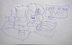 Size: 4106x2539 | Tagged: safe, artist:徐詩珮, imported from derpibooru, fizzlepop berrytwist, spring rain, tempest shadow, unicorn, my little pony: the movie, broken horn, cute, eyes closed, female, horn, lesbian, lineart, magic, mare, one eye closed, onomatopoeia, open up your eyes, pillow, shipping, sleeping, sound effects, springbetes, springshadow, tempestbetes, traditional art, zzz