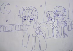 Size: 3831x2665 | Tagged: safe, artist:徐詩珮, imported from derpibooru, fizzlepop berrytwist, tempest shadow, oc, oc:ehenk berrytwist, oc:spring grezt, pony, unicorn, broken horn, crying, female, half-siblings, horn, lineart, magical lesbian spawn, mare, moon, mother and daughter, next generation, offspring, parent:glitter drops, parent:spring rain, parent:tempest shadow, parents:glittershadow, parents:springshadow, royal guard, siblings, sisters, tears of joy, tempest becomes a royal guard, traditional art