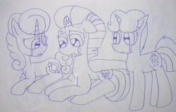 Size: 4183x2659 | Tagged: safe, artist:徐詩珮, imported from derpibooru, fizzlepop berrytwist, glitter drops, spring rain, tempest shadow, unicorn, my little pony: the movie, broken horn, crying, female, glittershadow, horn, lesbian, lineart, mare, polyamory, sad, shipping, springdrops, springshadow, springshadowdrops, traditional art, trio, trio female