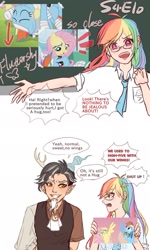 Size: 1229x2048 | Tagged: safe, artist:dez, imported from derpibooru, discord, rainbow dash, human, clothes, duo, female, glasses, humanized, male, necktie, shirt