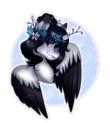 Size: 1545x1722 | Tagged: safe, artist:themisslittledevil, imported from derpibooru, oc, oc only, oc:flower serenity, pegasus, pony, bust, female, floral head wreath, flower, mare, portrait, solo, two toned wings