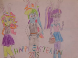 Size: 1024x768 | Tagged: safe, artist:brandonale, imported from derpibooru, rainbow dash, sci-twi, sunset shimmer, twilight sparkle, equestria girls, bunny ears, easter, holiday, lineart