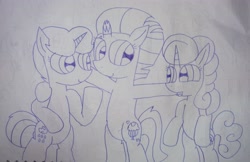 Size: 4439x2884 | Tagged: safe, artist:徐詩珮, imported from derpibooru, fizzlepop berrytwist, glitter drops, spring rain, tempest shadow, pony, unicorn, broken horn, female, glittershadow, horn, lesbian, lineart, mare, polyamory, shipping, springdrops, springshadow, springshadowdrops, traditional art
