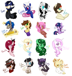 Size: 1280x1360 | Tagged: safe, artist:laceymod, imported from derpibooru, ace, ace point, fleur-de-lis, twilight sparkle, oc, oc:aqua splash, oc:caster, oc:cedric, oc:chocolate dip, oc:coffee bean, oc:edge doodle, oc:laura, oc:prosopeio, oc:rose wine, oc:snooty, oc:sweet cream, oc:water lily, oc:wild card, hybrid, pony, zony, female, male, mare, mask, parent:fleur-de-lis, stallion