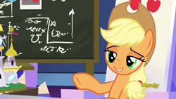 Size: 1920x1080 | Tagged: safe, imported from derpibooru, screencap, applejack, earth pony, pony, sparkle's seven, chalkboard, female, friendship throne, mare, solo, written equestrian