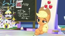 Size: 1920x1080 | Tagged: safe, imported from derpibooru, screencap, applejack, earth pony, pony, sparkle's seven, chalkboard, female, friendship throne, mare, solo