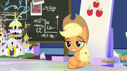 Size: 1920x1080 | Tagged: safe, imported from derpibooru, screencap, applejack, earth pony, pony, sparkle's seven, chalkboard, female, friendship throne, mare, solo