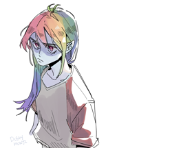 Size: 1121x968 | Tagged: safe, artist:dusty-munji, imported from derpibooru, rainbow dash, human, equestria girls, alternate hairstyle, clothes, female, shirt, simple background, solo, white background