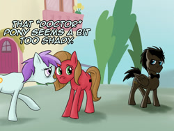 Size: 1066x800 | Tagged: safe, artist:bingodingo, imported from derpibooru, doctor whooves, time turner, oc, oc:pun, oc:sunshine morning, earth pony, pegasus, pony, ask discorded whooves, ask pun, ask, discord whooves, female, mare, ponyville, race swap, trio