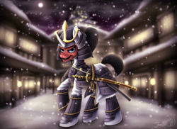 Size: 1024x747 | Tagged: safe, artist:hoodiefoxy, imported from derpibooru, oc, oc only, oc:shiro reisu, pony, unicorn, armor, badass, japanese, katana, mask, samurai, scenery, sword, weapon