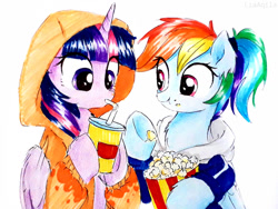 Size: 1031x775 | Tagged: safe, artist:liaaqila, imported from derpibooru, rainbow dash, twilight sparkle, alicorn, pegasus, pony, accessories, accessory, alternate hairstyle, chest fluff, clothes, cute, drinking, duo, ear fluff, eating, female, food, friendshipping, hoodie, horn, lesbian, mare, marker, ponytail, popcorn, simple background, smiling, snacks, soda, sweater, traditional art, twidash, twilight sparkle (alicorn), white background