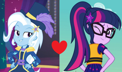 Size: 1608x944 | Tagged: safe, edit, edited screencap, imported from derpibooru, screencap, sci-twi, trixie, twilight sparkle, equestria girls, equestria girls series, spring breakdown, spoiler:eqg series (season 2), female, geode of telekinesis, lesbian, magical geodes, sci-twixie, shipping, shipping domino, twixie