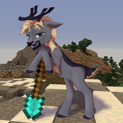 Size: 2000x2000 | Tagged: safe, artist:kotya, imported from derpibooru, oc, deer, pony, reindeer, beard, colored hooves, facial hair, male, minecraft, ponified, shovel, streamer, sweat, zimtok5