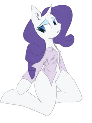 Size: 1438x1920 | Tagged: safe, artist:blueone, imported from derpibooru, rarity, anthro, semi-anthro, unicorn, accessories, accessory, arm hooves, blue eyes, button up, clothes, eyebrows, eyelashes, hoof hands, horn, looking down, makeup, no tail, shirt, white