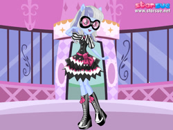 Size: 800x600 | Tagged: safe, artist:user15432, imported from derpibooru, photo finish, human, equestria girls, boots, clothes, dress, dressup, dressup game, glasses, high heel boots, high heels, ponied up, pony ears, shoes, solo, starsue, wondercolts