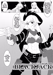 Size: 1785x2500 | Tagged: safe, artist:jonfawkes, imported from derpibooru, applejack, queen chrysalis, human, series:nightmare war, abs, applejack's hat, belly button, belt, breasts, cleavage, clothes, collar, comic, corrupted, cowboy hat, crown, elf ears, eyebrows, eyebrows visible through hair, eyelashes, gloves, gun, handgun, hat, humanized, jewelry, midriff, monochrome, regalia, revolver, scarf, tiara, weapon